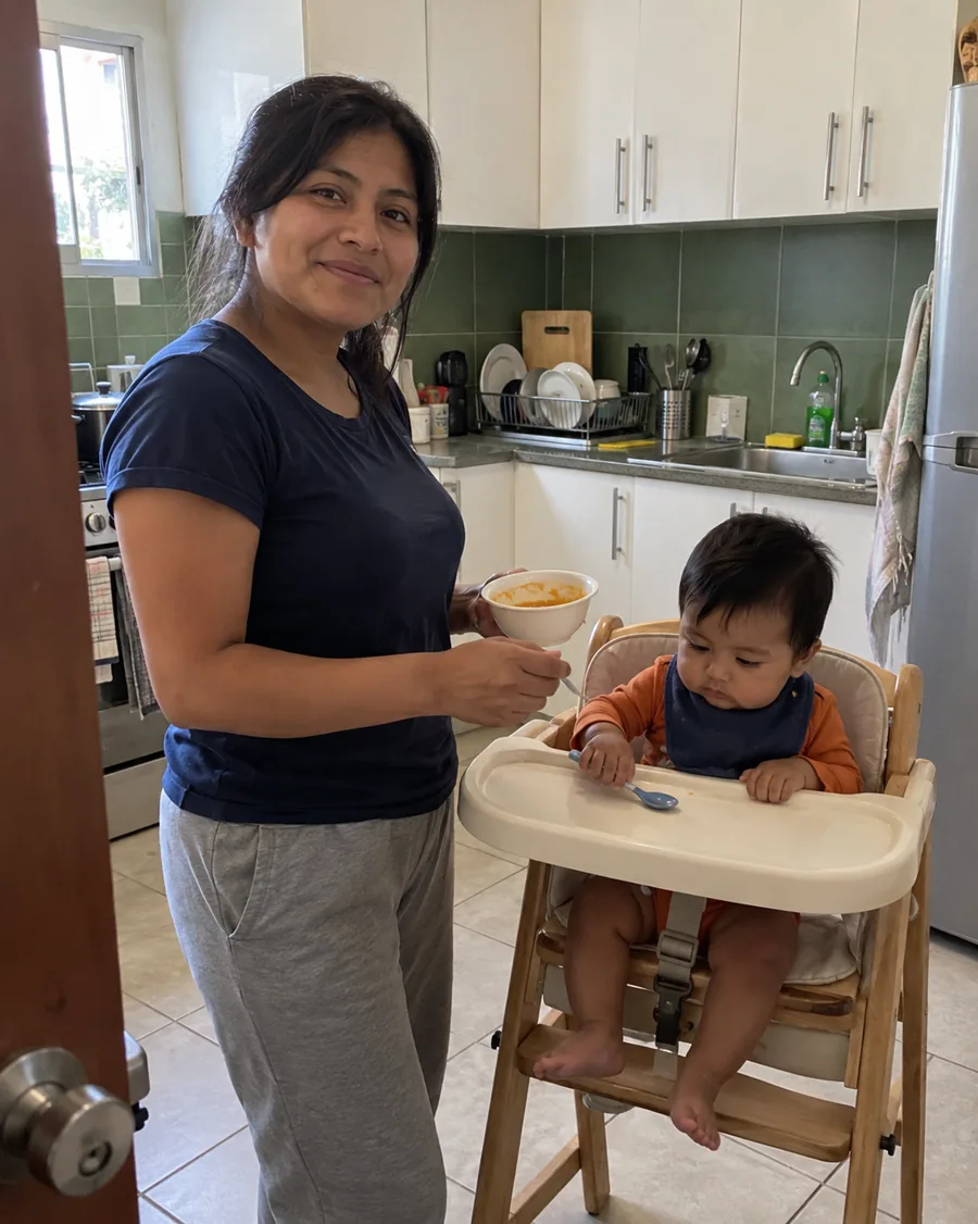 Mamá dándole de comer a su bebé sentado en una silla alta en la cocina