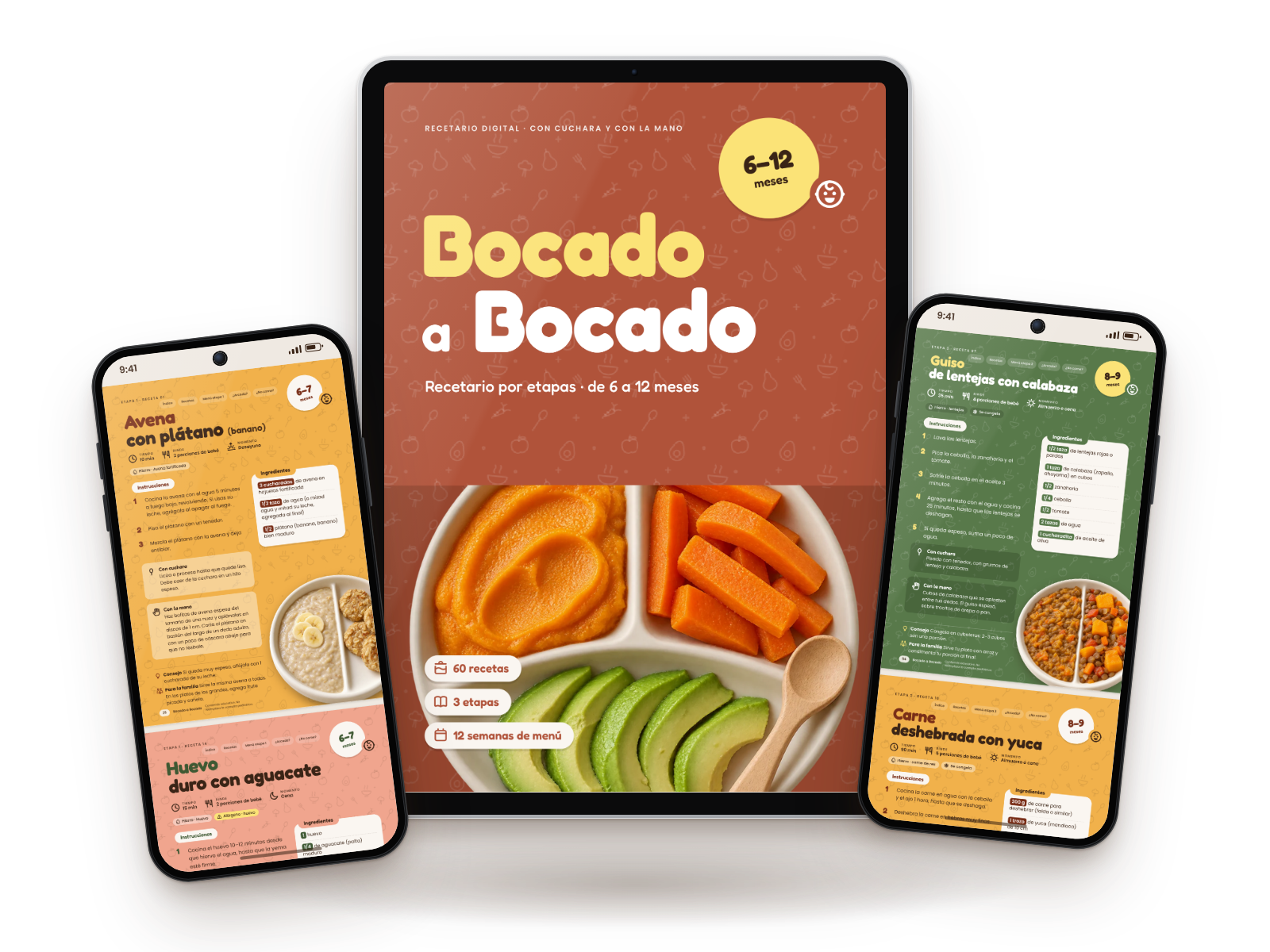 Recetario Bocado a Bocado en tablet y dos celulares, con recetas de la etapa 1 y 2
