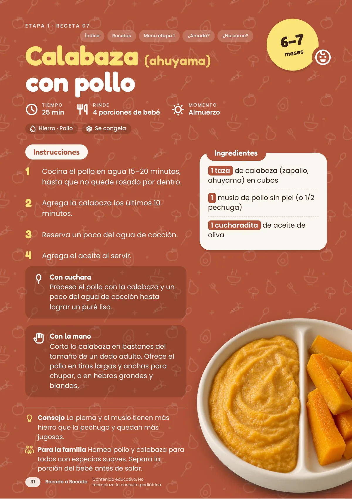 Página completa de la receta Calabaza con pollo, versión en papilla y en trocitos