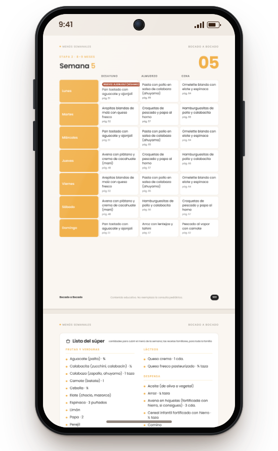 Menú de la semana 5 con la lista del súper en el celular
