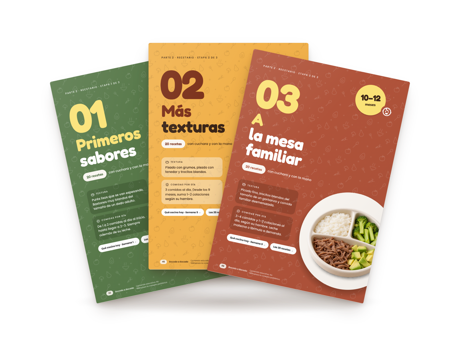 Separadores de las 3 etapas: primeros sabores, más texturas y a la mesa familiar